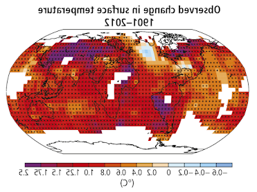 显示1901-2012年观测到的全球地表温度变化的全球地图