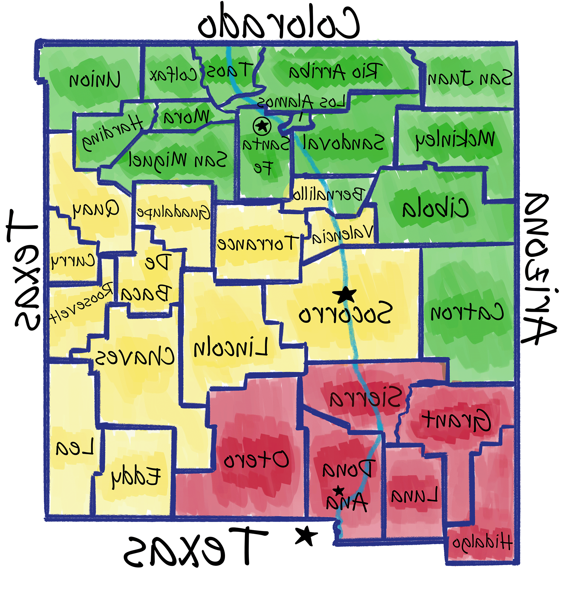 A county map of New Mexico color coded to specify recruiter coverage of the state.