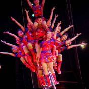 Image of many Chinese acrobats on a bicycle.